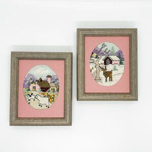 2 Vintage Mini Cross-Stitch Farm Farmhouse Cottagecore Deer Sheep Wood Country
